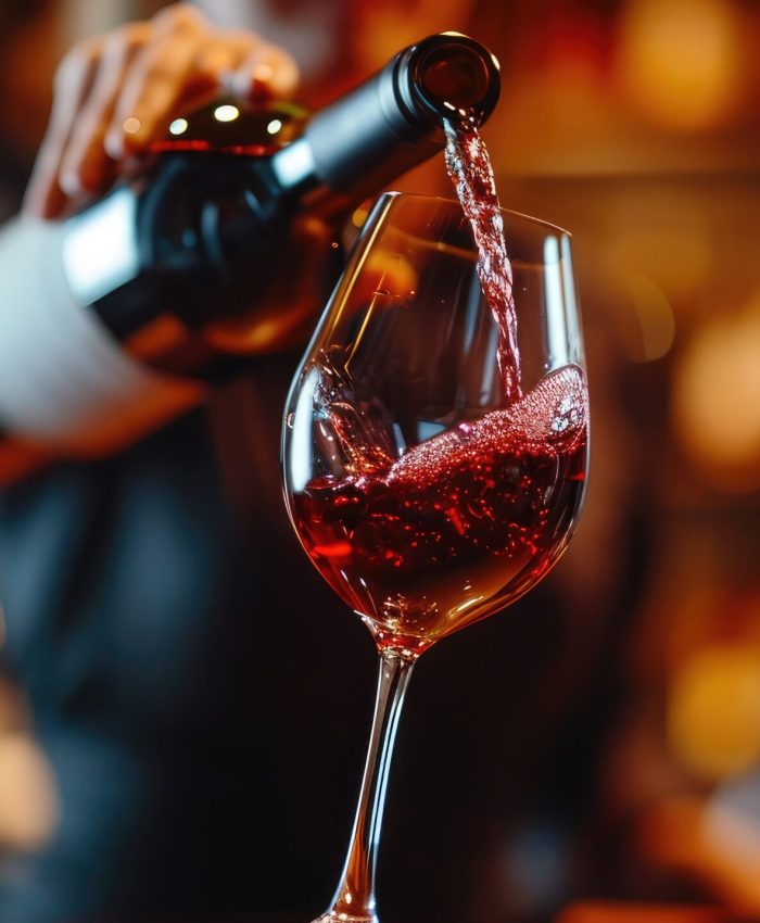 Close up female hand pouring red wine to glass. Wine expert, sommelier tasting, rating and drinking wine, bottles in background. Restaurant, wine bar, waitress. --ar 16:9 --v 6 Job ID: b2266ca2-4d51-4c53-90b8-15ca25473b1b